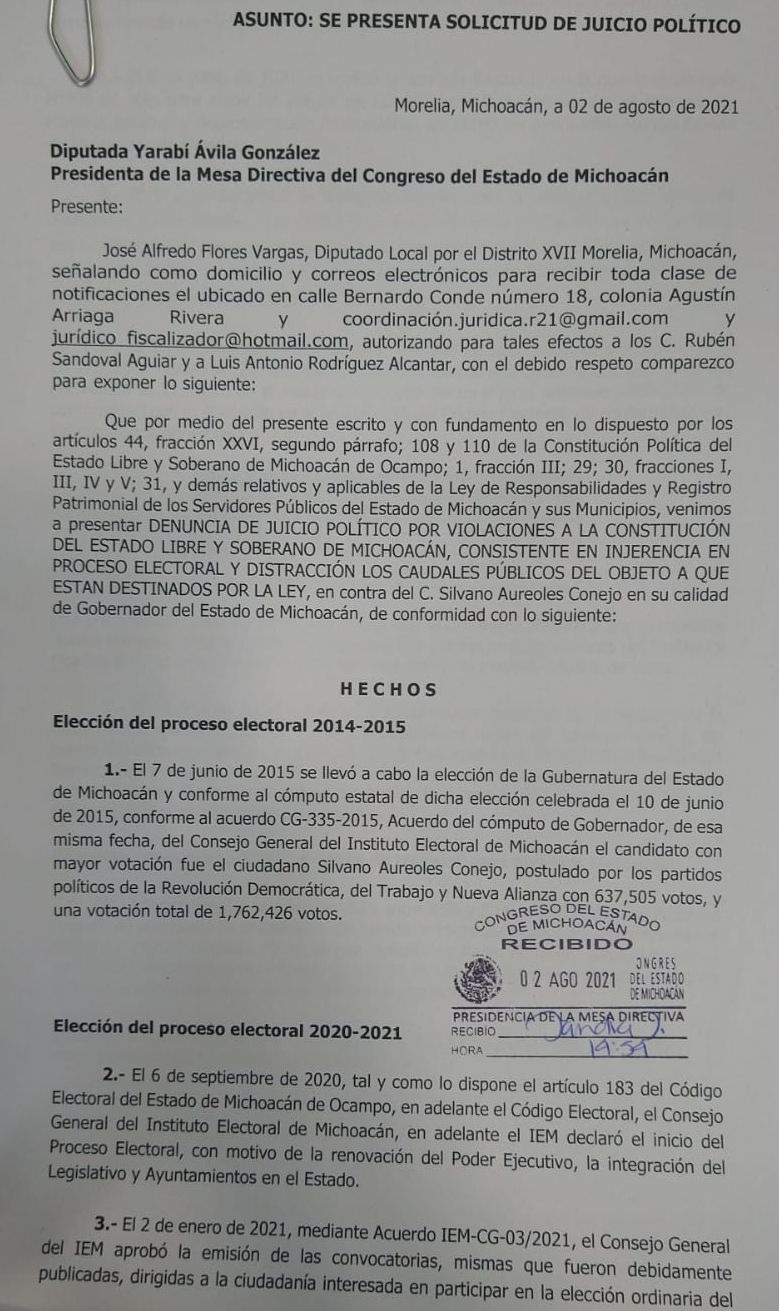 Recibe Congreso local solicitud de juicio político contra Aureoles Conejo -  Cambio de Michoacán